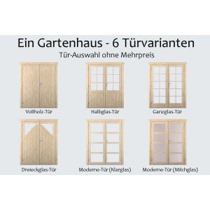 Fjordholz Gartenhaus: 6 Türvarianten (Vollholz, Glas) zur Auswahl. Kiefer imprägniert.