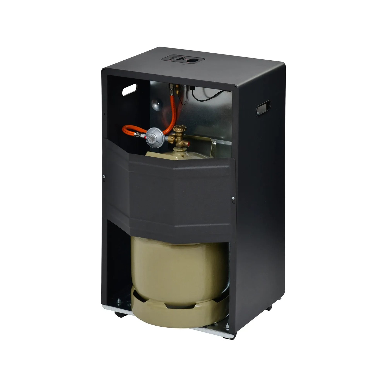 Schwarzer Firefix Gas-Heizofen 4200 Basic mit Gasflasche für den Außenbereich.