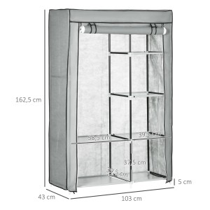 Grauer HOMCOM Kleiderschrank mit Stange und 6 Fächern, 103x43x162,5cm.