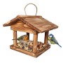 Geflammtes Vogelfutterhaus aus Tannenholz mit zwei Vögeln und Futter zum Aufhängen.