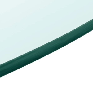 Detailaufnahme einer transparenten, runden DELUKE Tischplatte aus gehärtetem Glas (Ø 50cm).