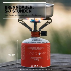 Evocamp Gaskartusche 230g Butan Propan mit Campingkocher, blauer Flamme und Topf. Ideal für Outdoor-Einsatz.