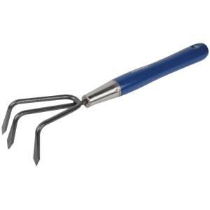 Sonneck Jätekralle Eco Line, Gartenhandgerät mit blauem Holzgriff und drei Zinken aus Metall.