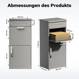 Grauer Wiltec Paketkasten aus Stahl mit Maßen. Vorder- und Seitenansicht zeigen Einwurfsystem für Pakete und Entnahmetür.