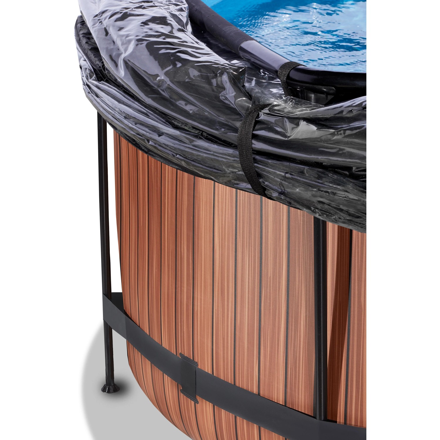 Detailansicht des braunen EXIT Wood Pools Ø360x122cm mit Abdeckung.