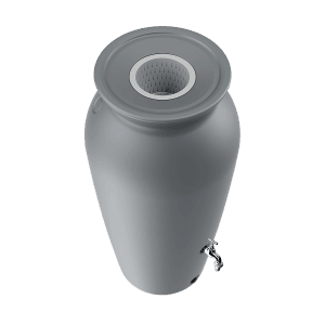 Graue Waterform Regentonne Velcan 230 l mit Hahn und Filter.