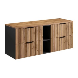 Waschbeckenunterschrank Madela 140 cm, schwarz mit heller Holzoptik, Streifenfront, 4 Schubladen & offene Ablagen.