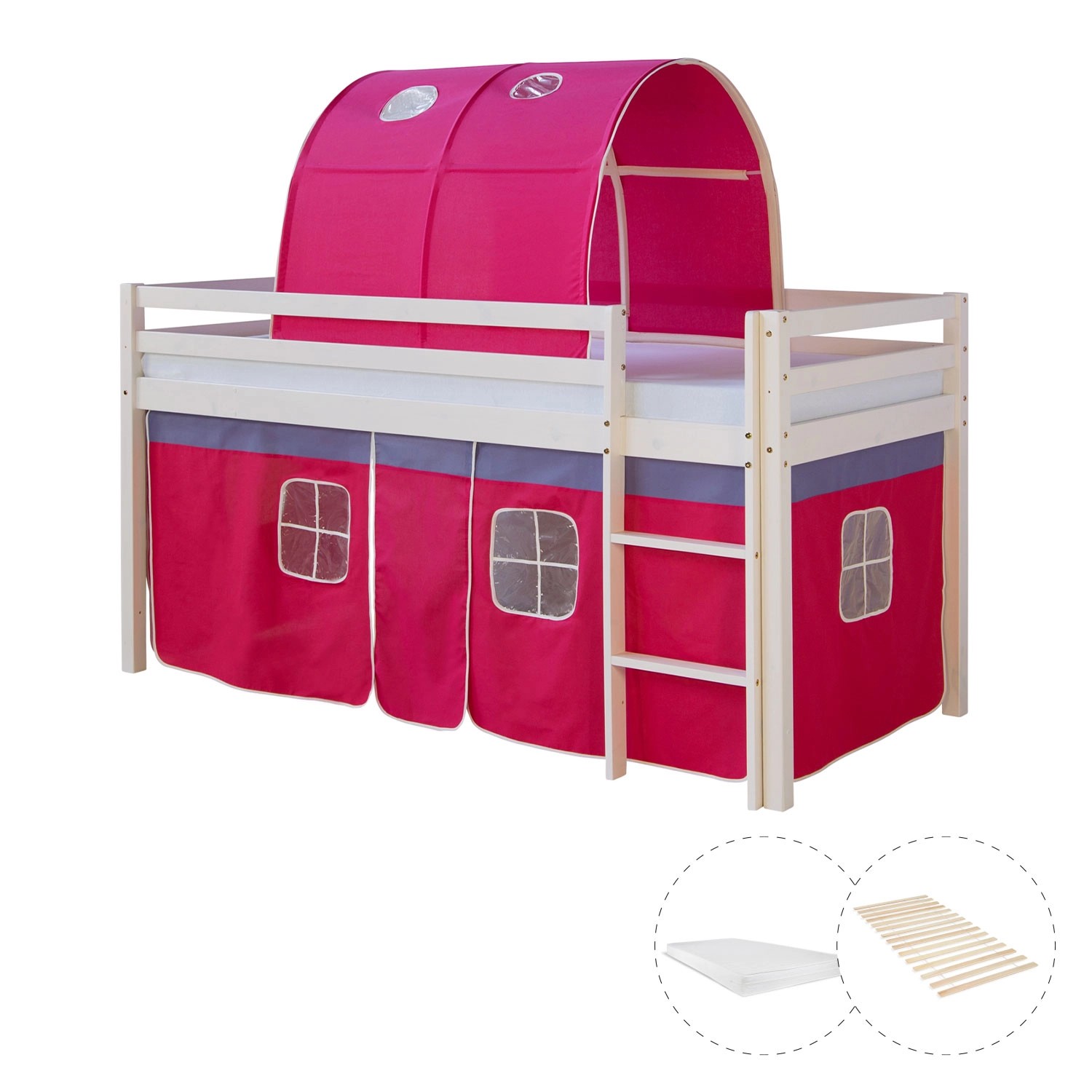Homestyle4u Hochbett 90x200 mit Vorhang Lattenrost Matratze Tunnel in Weiß günstig online kaufen