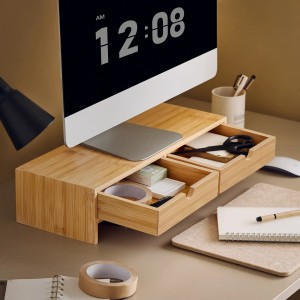 SoBuy Monitorständer mit 2 Schubladen Monitorerhöhung für Schreibtisch Bambus 47x11x18cm FRG198-N