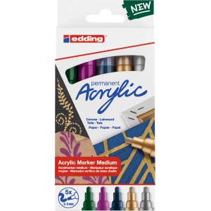 Edding 5100 Acrylmarker Set, 5 festliche Farben (Grün, Violett, Blau, Gold, Silber) mit Medium Spitze.