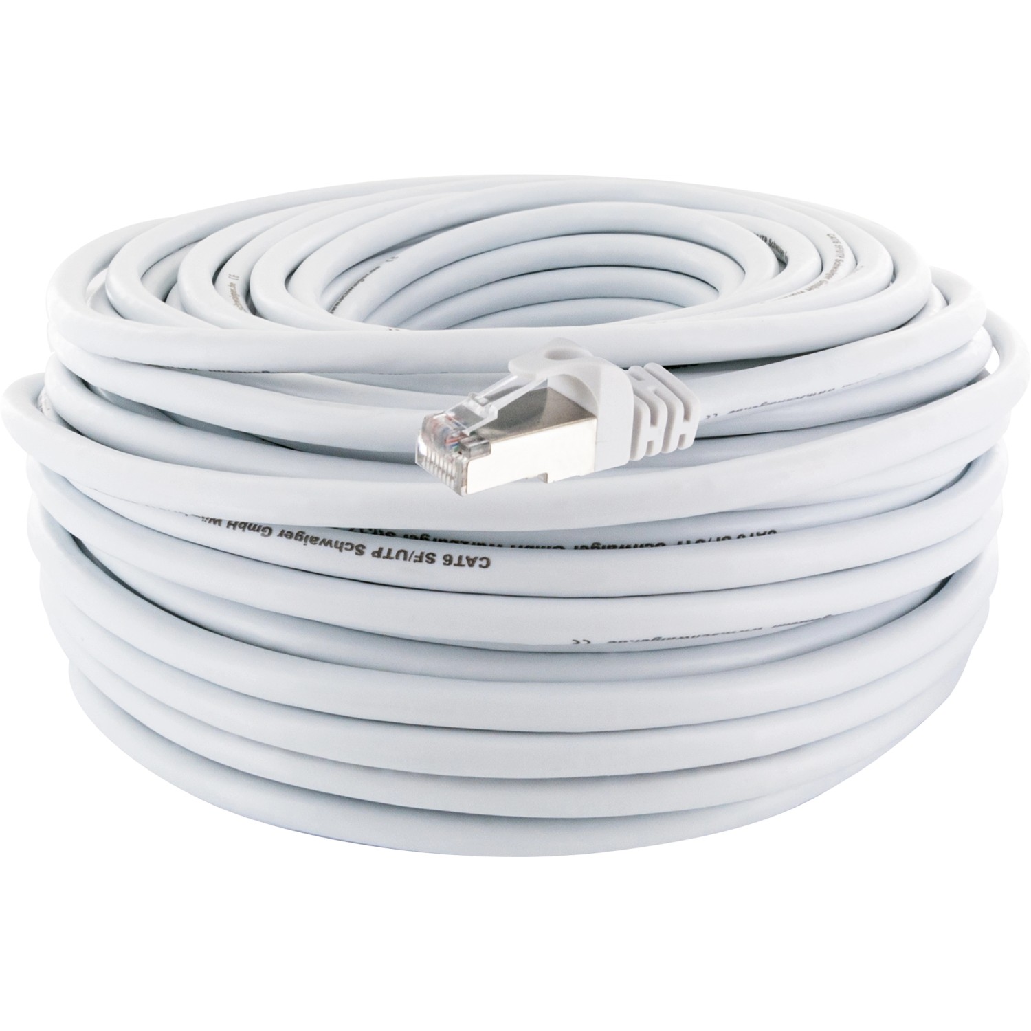 Aufgerolltes, weißes Schwaiger CAT 6 Netzwerkkabel (30 m) mit RJ45 Stecker.