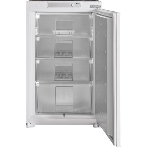 Offener, weißer Respekta Einbaugefrierschrank mit 4 Gefrierfächern. Tiefkühlschrank für die Küche.