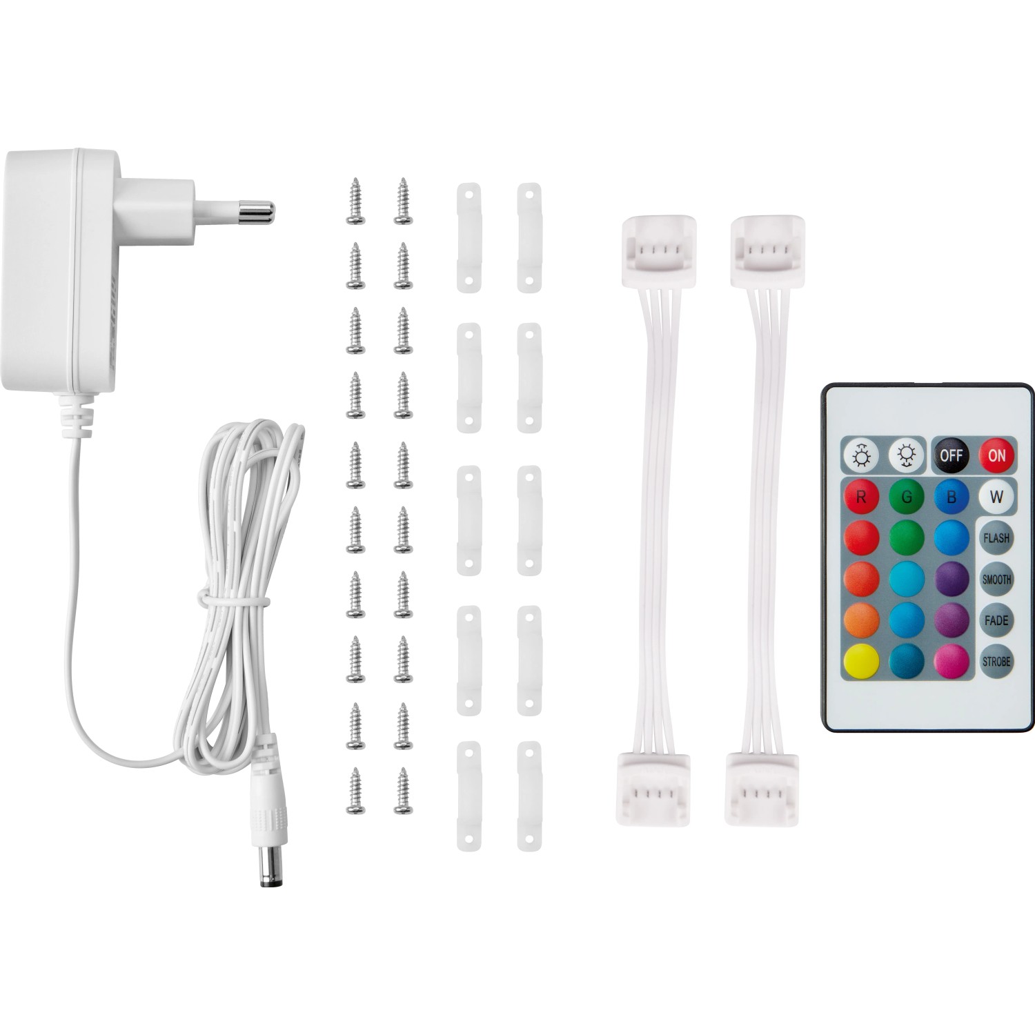 Zubehör für LED-Flexband RGB 10m: Netzteil, Fernbedienung, Schrauben, Halterungen und Verbindungskabel.