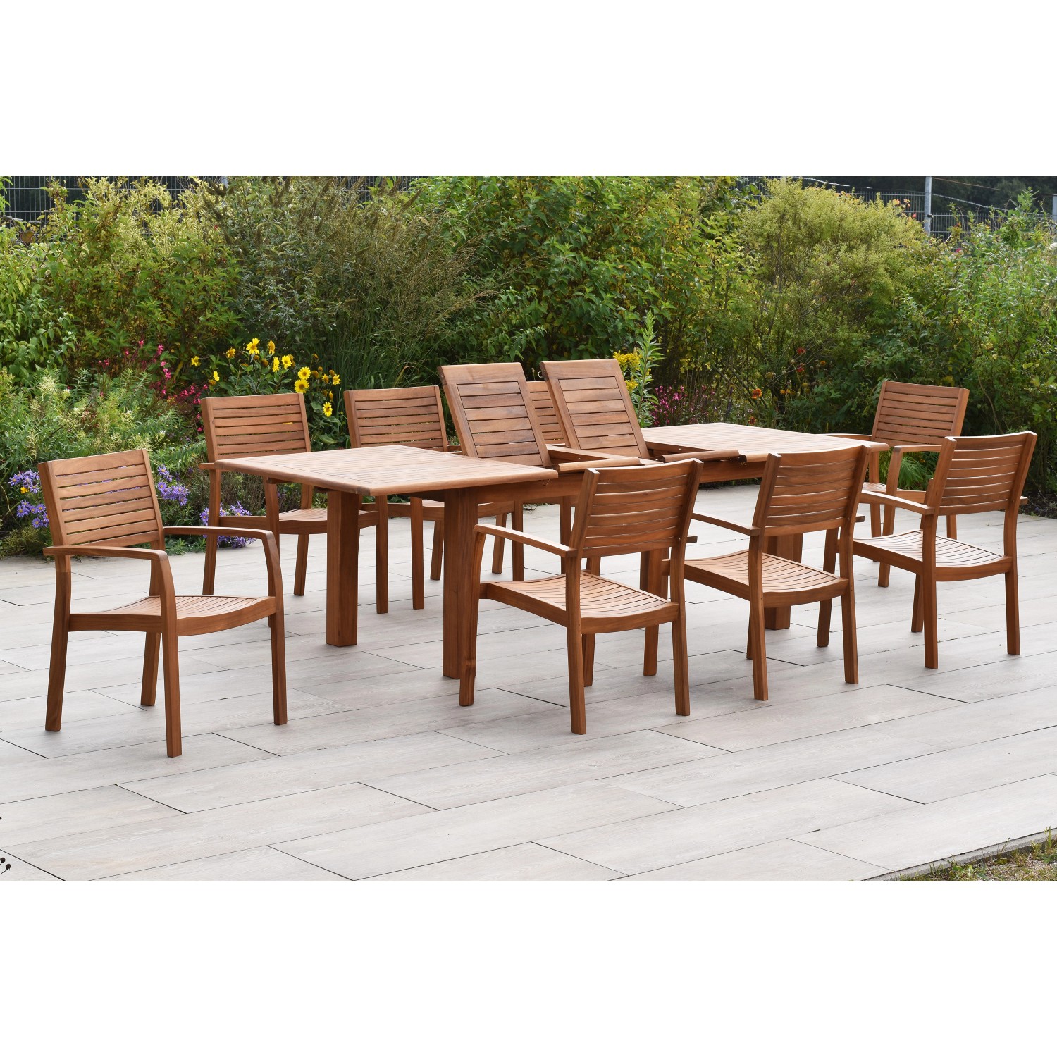 Merxx Batavia Set 9-tlg. 8 Stapelsessel Doppel-Gartentisch Ausziehbar