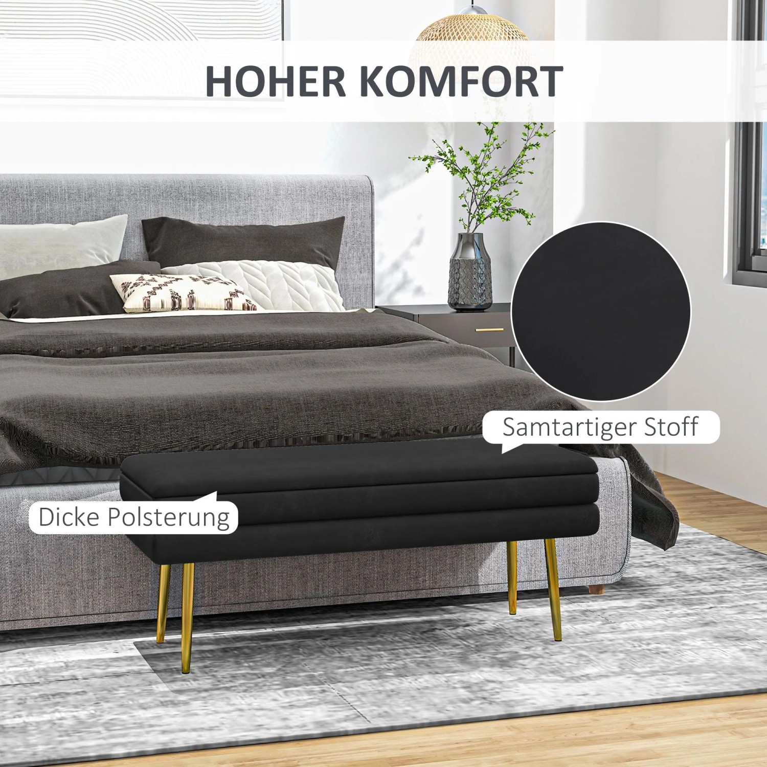 Schwarze HOMCOM Polsterbank mit Samtoptik, Stauraum und goldenen Beinen im Schlafzimmer. Bequemer Hocker mit dicker Polsterung.