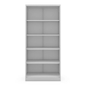 Graues JAN NOWAK Büroregal RUFUS aus Metall, verschraubt, mit 5 verstellbaren Böden und geschlossener Rückwand.