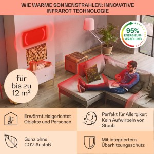 Klarstein Wonderwall 60 Infrarot-Heizung als Wandheizkörper im Wohnzimmer, Mann genießt Wärme, ideal für Allergiker.