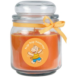 Duftkerze Honigmelone Orange im Glas mit Hippo-Motiv und Schleife.