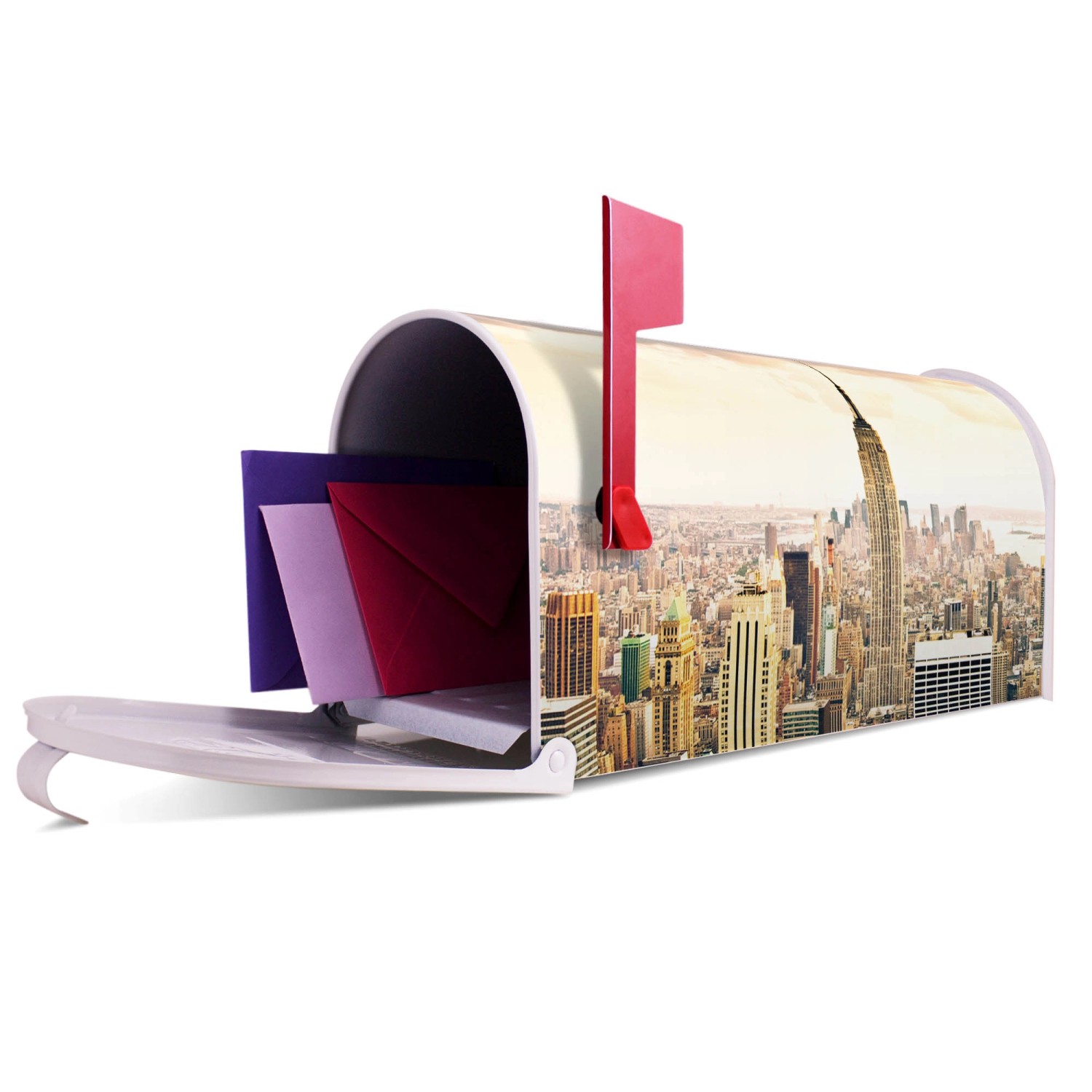 Weißer US Briefkasten mit New York Motiv, Stahl, 48x22x16cm. Amerikanischer Postkasten mit roter Fahne.