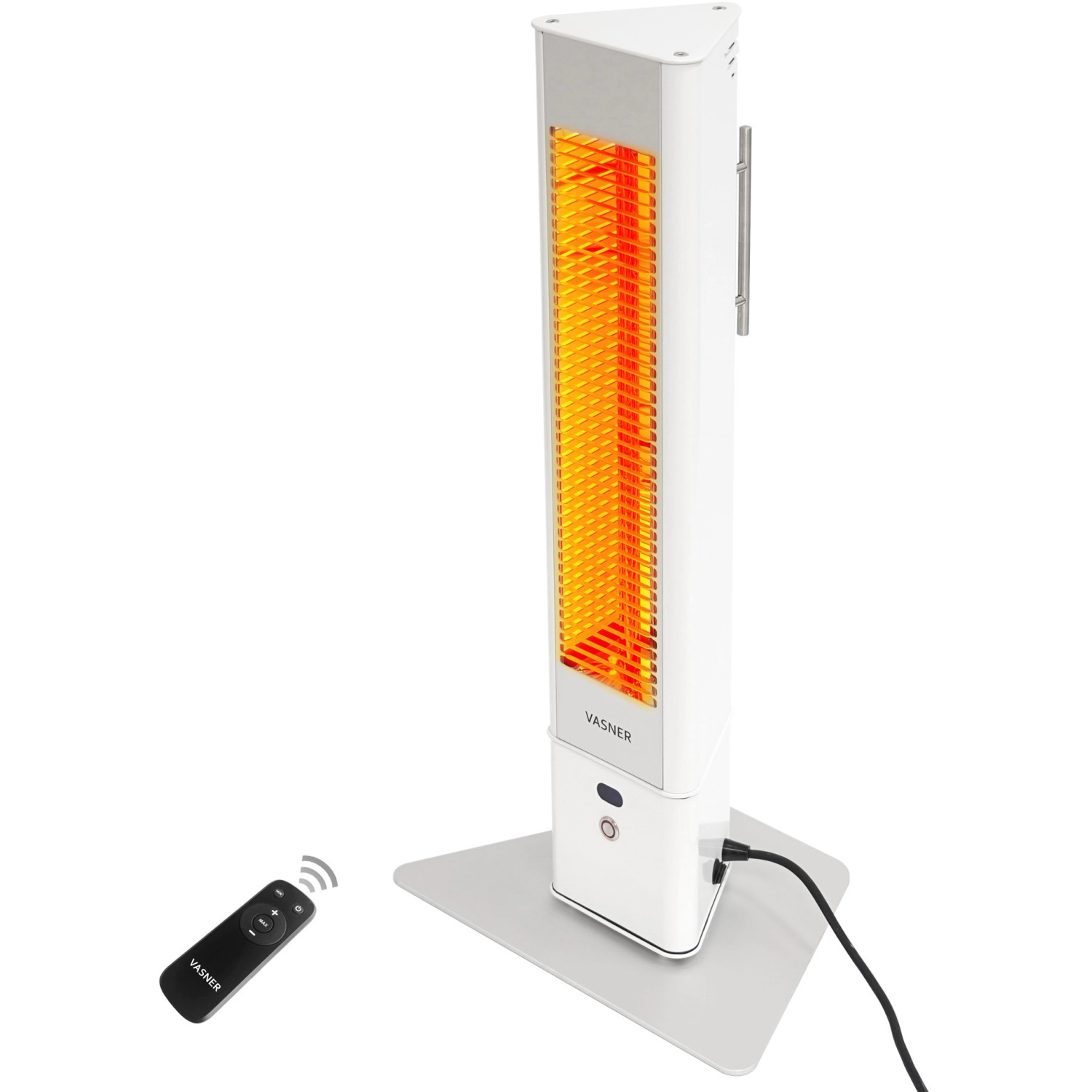 Weißer Vasner Infrarot-Heizstrahler HeatTower Mini mit Fernbedienung, ideal für Terrasse und Garten.