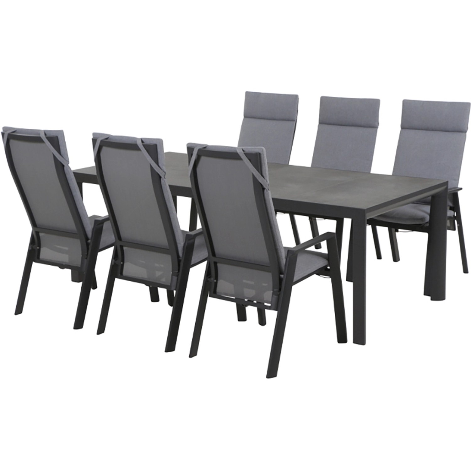 Siena Garden Valencia Dining Set: Tisch mit sechs anthrazit-farbenen Gartenstühlen mit Textilgewebe und Auflagen.