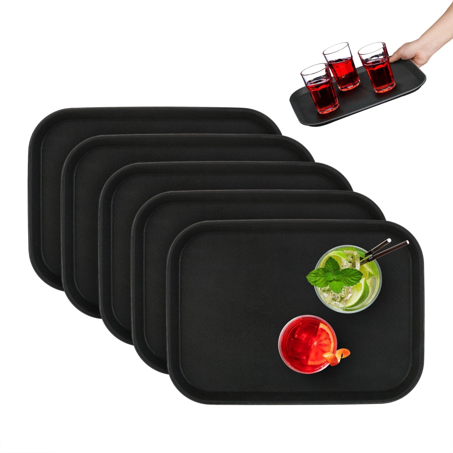 Relaxdays Serviertablett 5er Set Kunststoff Schwarz Rutschfest 35 cm x 25 cm