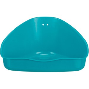 Türkisblaue Trixie Ecktoilette aus Kunststoff für Kleintierkäfige.