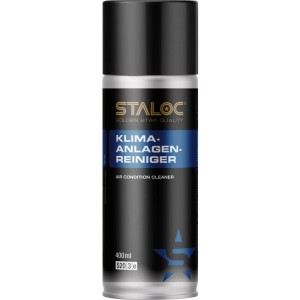 Schwarze Staloc Klimaanlagenreiniger Spraydose 400ml für Fahrzeugklimaanlagen. Entfernt Gerüche und Mikroorganismen.