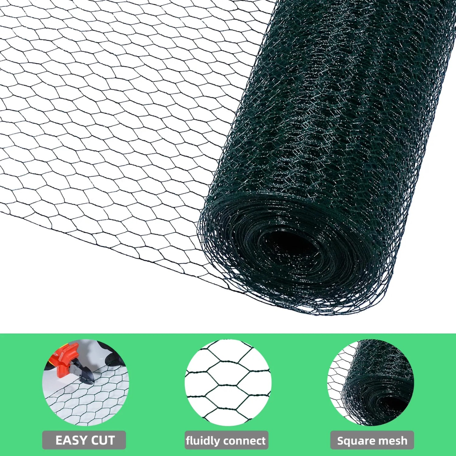 Grünes PVC-Hühnerzaun-Geflügelnetz mit 25mm Sechseck-Maschen, aufgerollt. Robustes Zaunmaterial für Geflügelzucht.