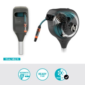 Gardena Garten-Schlauchbox RollUp S 15 m mit Schlauch und Erdspieß zur Montage.