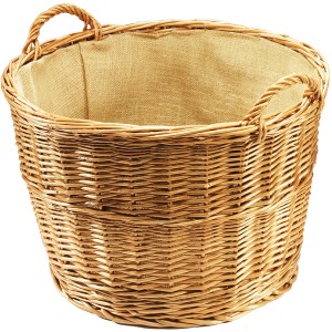 Runder Kaminholzkorb aus Weide mit Leinenfutter und Tragegriffen.