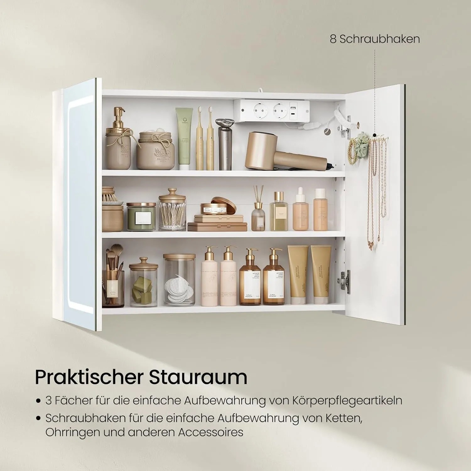 Weißer EUGAD Spiegelschrank offen mit Steckdosen, verstellbaren Einlegeböden und Haken für Schmuck. Praktischer Bad-Stauraum.
