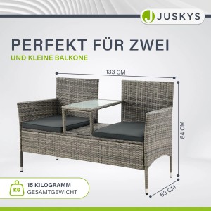 Grau melierte Polyrattan Gartenmöbel Sitzgruppe Monaco mit Tisch und dunkelgrauen Bezügen.