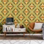 Retro Tapete mit geometrischem Muster in Grün, Gelb, Orange und Braun. Dekoratives Wanddesign.