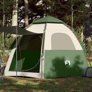 Grünes 4-Personen-Campingzelt mit Quick-Release-System im Wald. Offener Eingang mit Sonnendach. Ideal für Outdoor.