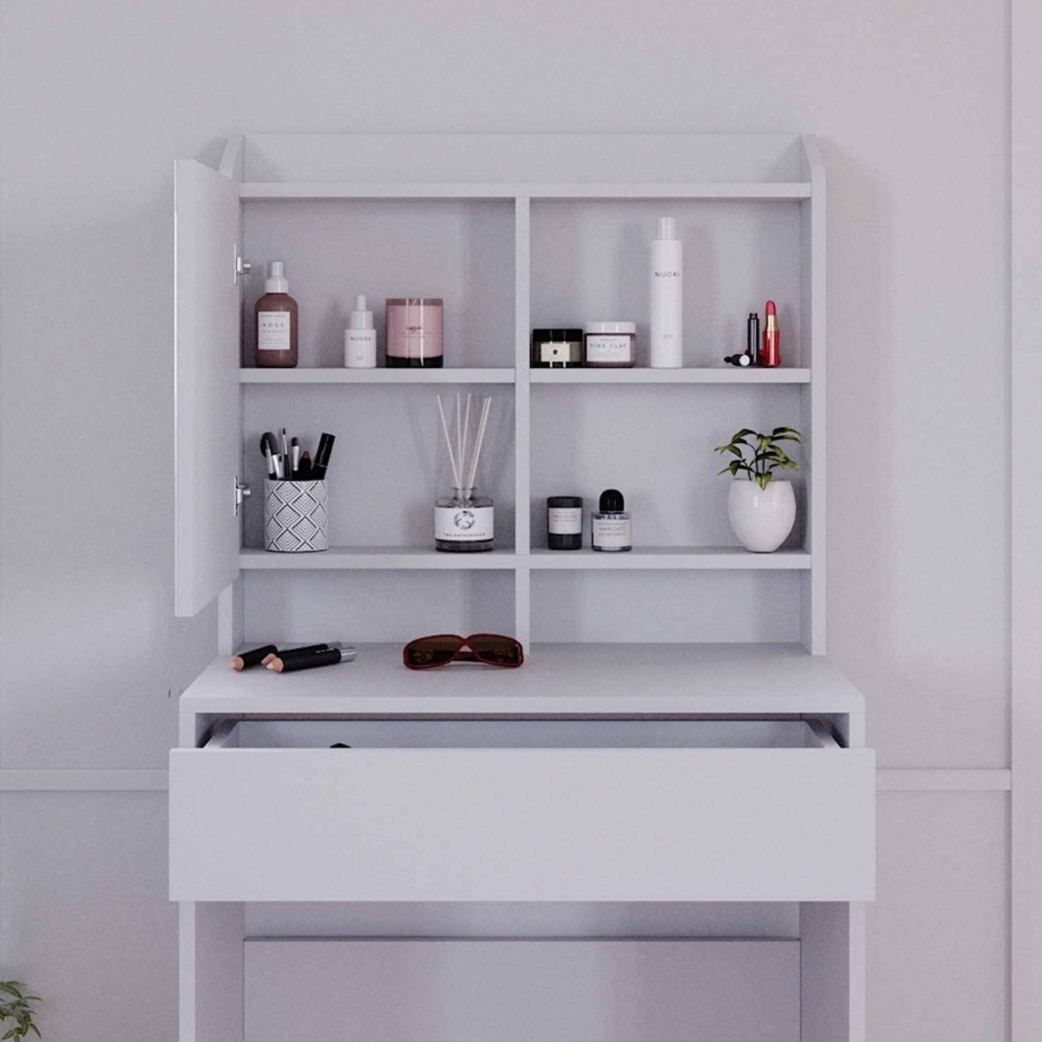 Weißer Vicco Schminktisch Laura (70 cm) mit LED-Beleuchtung und Ablagefächern.