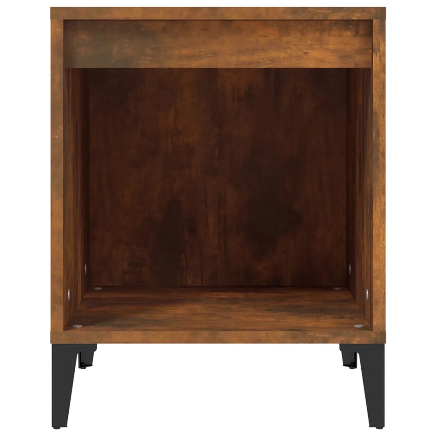 Nachttisch-Set, 2 Stück, Räuchereiche-Optik, 40x35x50 cm, mit offenem Fach und schwarzen Füßen.