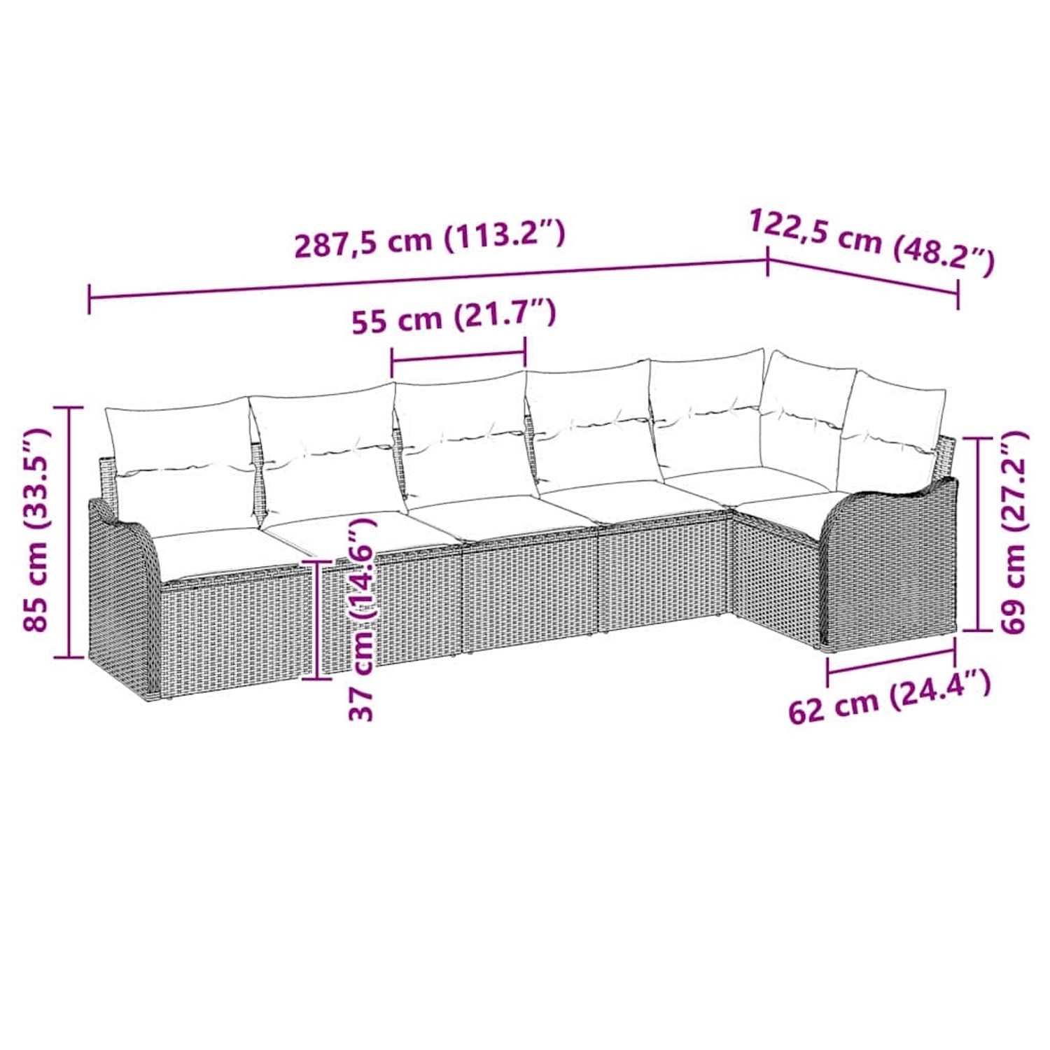 Beiges 6-tlg. vidaXL Garten-Sofa-Set aus Poly Rattan mit Kissen. Modulares Gartenmöbel für Terrasse und Garten.