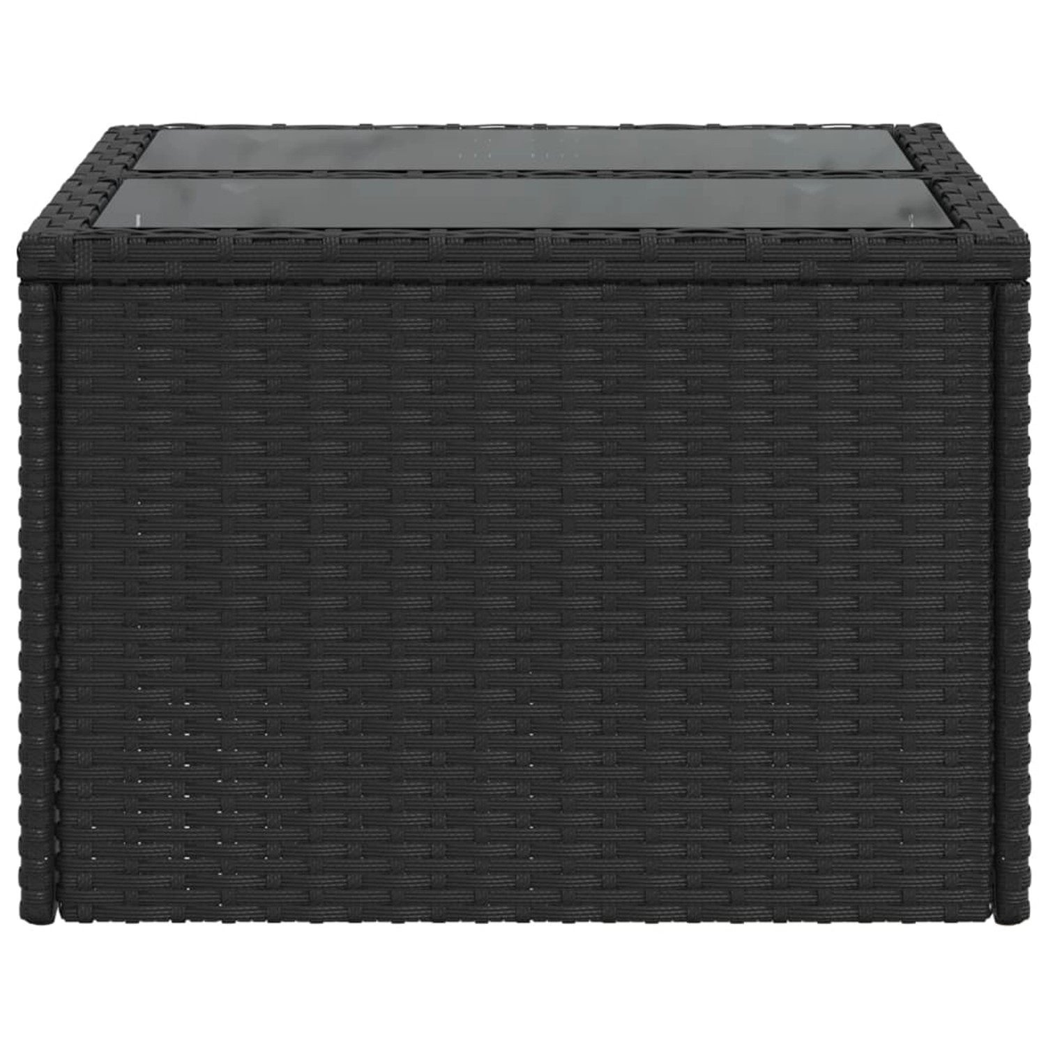 Schwarzer vidaXL Gartentisch mit Glasplatte, 55x55x37 cm, aus Poly Rattan.