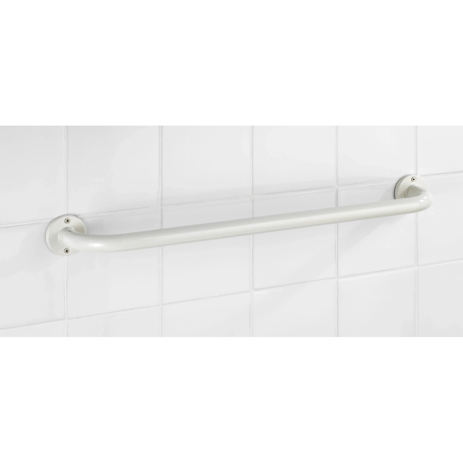 Weißer Wenko Badetuchhalter Basic aus Edelstahl, 60 cm, rostfrei an weißer Wand.