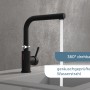 Schwarze Schütte Sensor-Spültischarmatur Vital mit Auslauf, 360° drehbar und geräuschgeprüft.