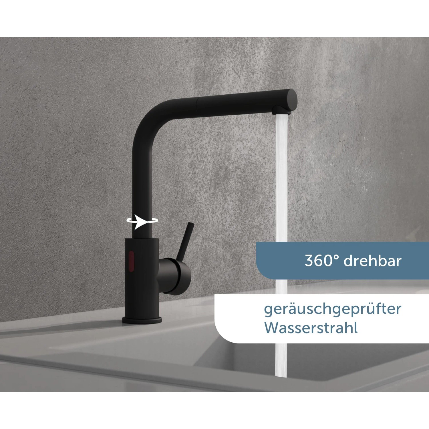 Schwarze Schütte Sensor-Spültischarmatur Vital mit Auslauf, 360° drehbar und geräuschgeprüft.