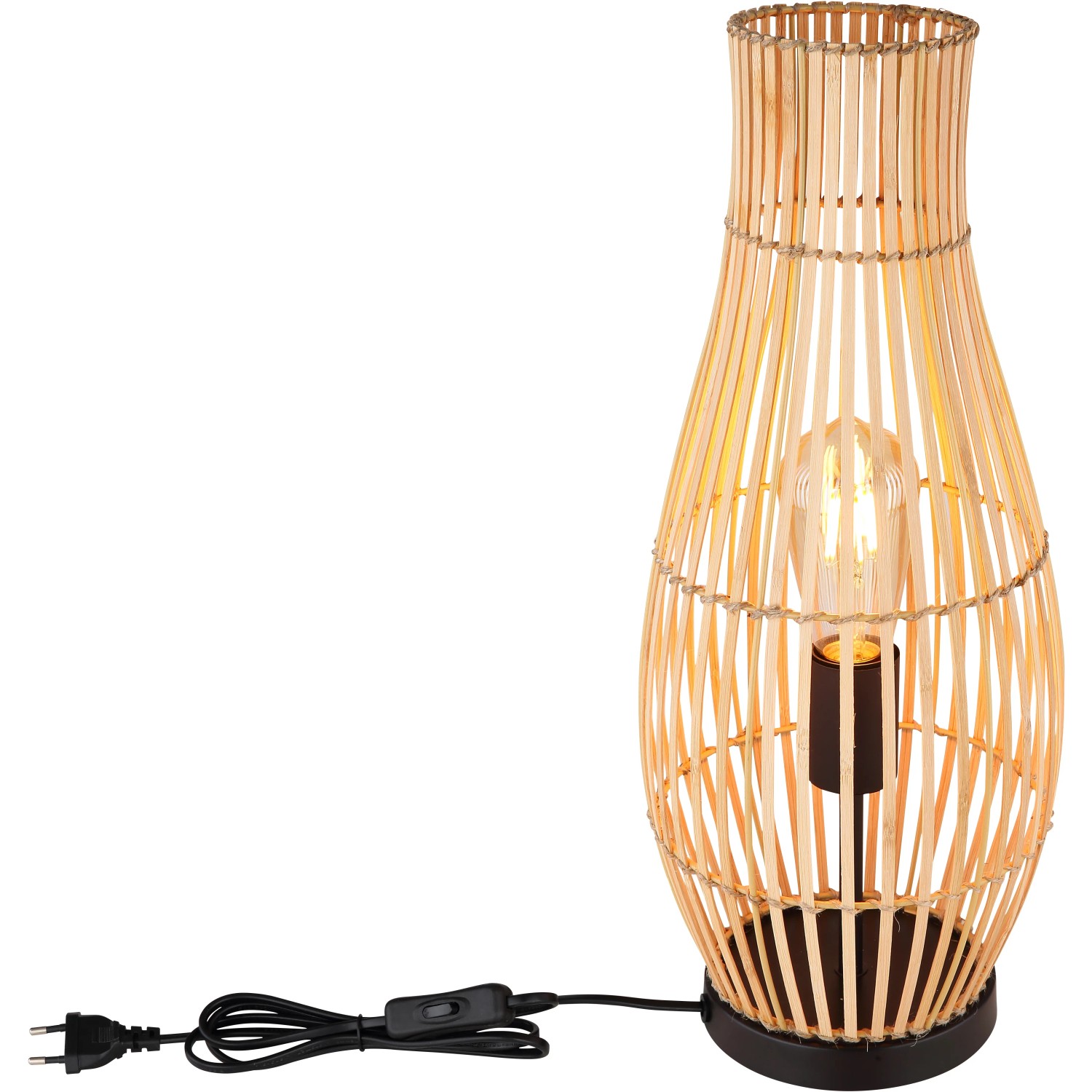 Globo Tischlampe Laglio aus Bambus und Hanf, naturfarben, mit schwarzem Metallsockel.