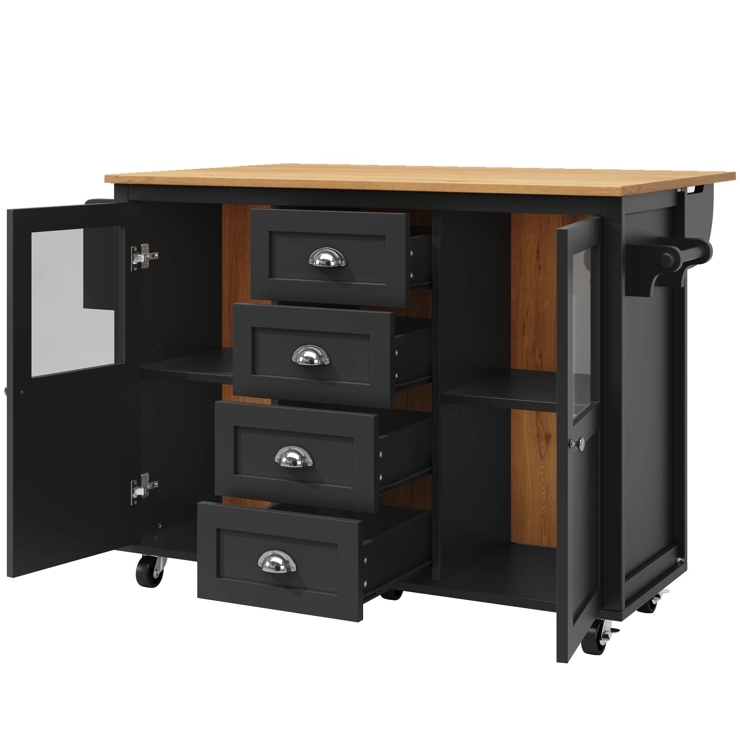 okwish Kücheninsel mit Ausziehfunktion Rollen Stauraum Küche 120x73x93cm Schwarz