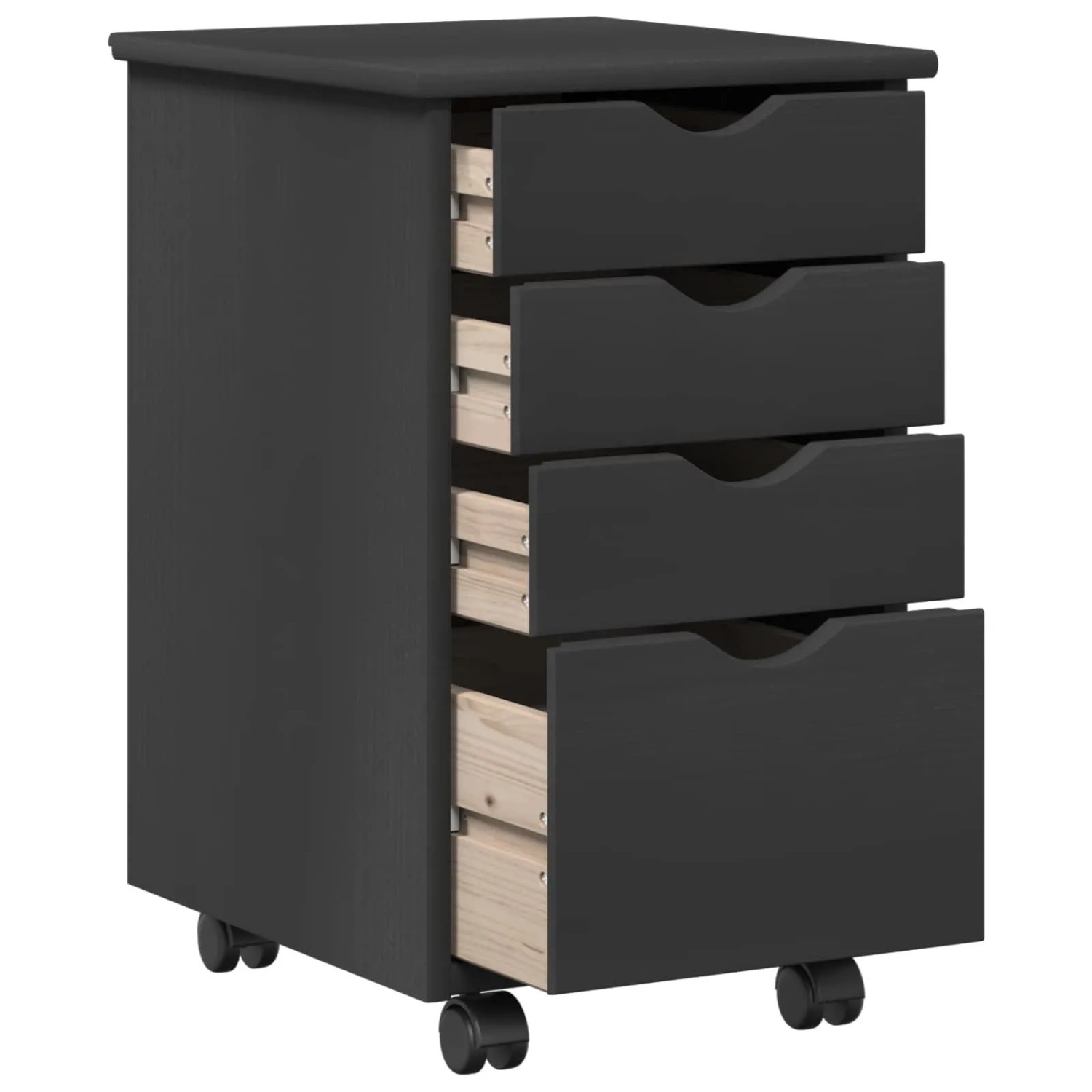 Grauer vidaXL Rollschrank aus massivem Kiefernholz mit 4 Schubladen, teils geöffnet, und Rollen. Praktische Aufbewahrung.