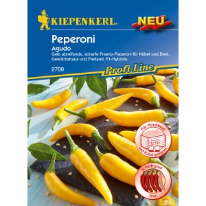 Kiepenkerl Peperoni Agudo F1-Hybride, gelbe, scharfe Chili-Schoten auf Saatguttüte.