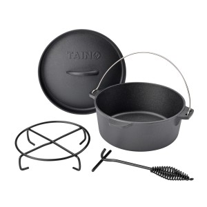 Taino Dutch Oven 4L Set: Gusseisen Feuertopf mit Deckel, Heber und Topfständer für Grill & Outdoor.