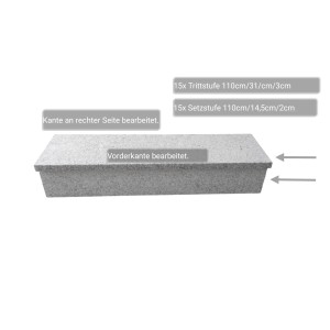 Pedras Salgadas Außentreppenbelag, geflammt, 110cm breit, für max. 18cm Steigung. Granit, grau.
