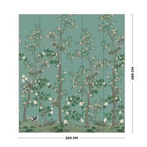 Art for the Home Fototapete Rachelle, 280x250cm, hellgrün mit Baum- und Blütenmuster.