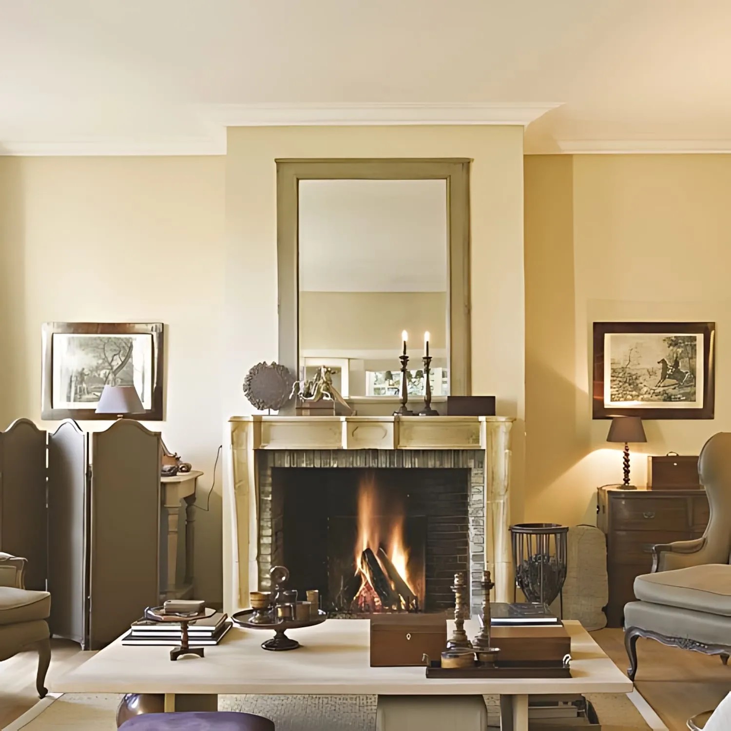 Wohnzimmer mit Kamin und ORAC DECOR Zierleisten C333 LUXXUS als Deckenabschluss.